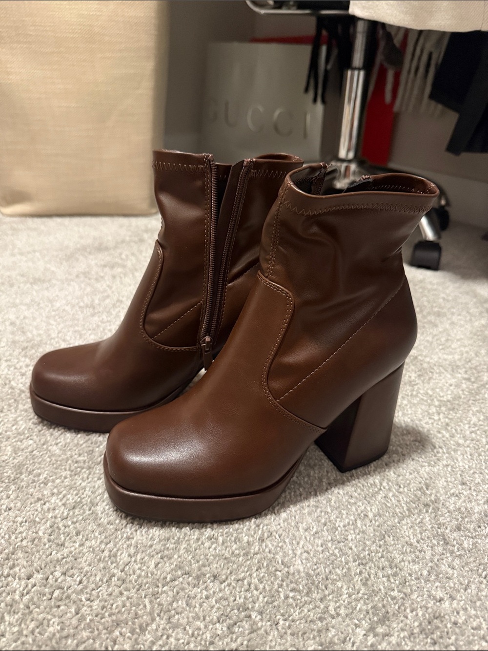 Brown Platform Block Heel Ankle Boots - Women's Fashion Booties